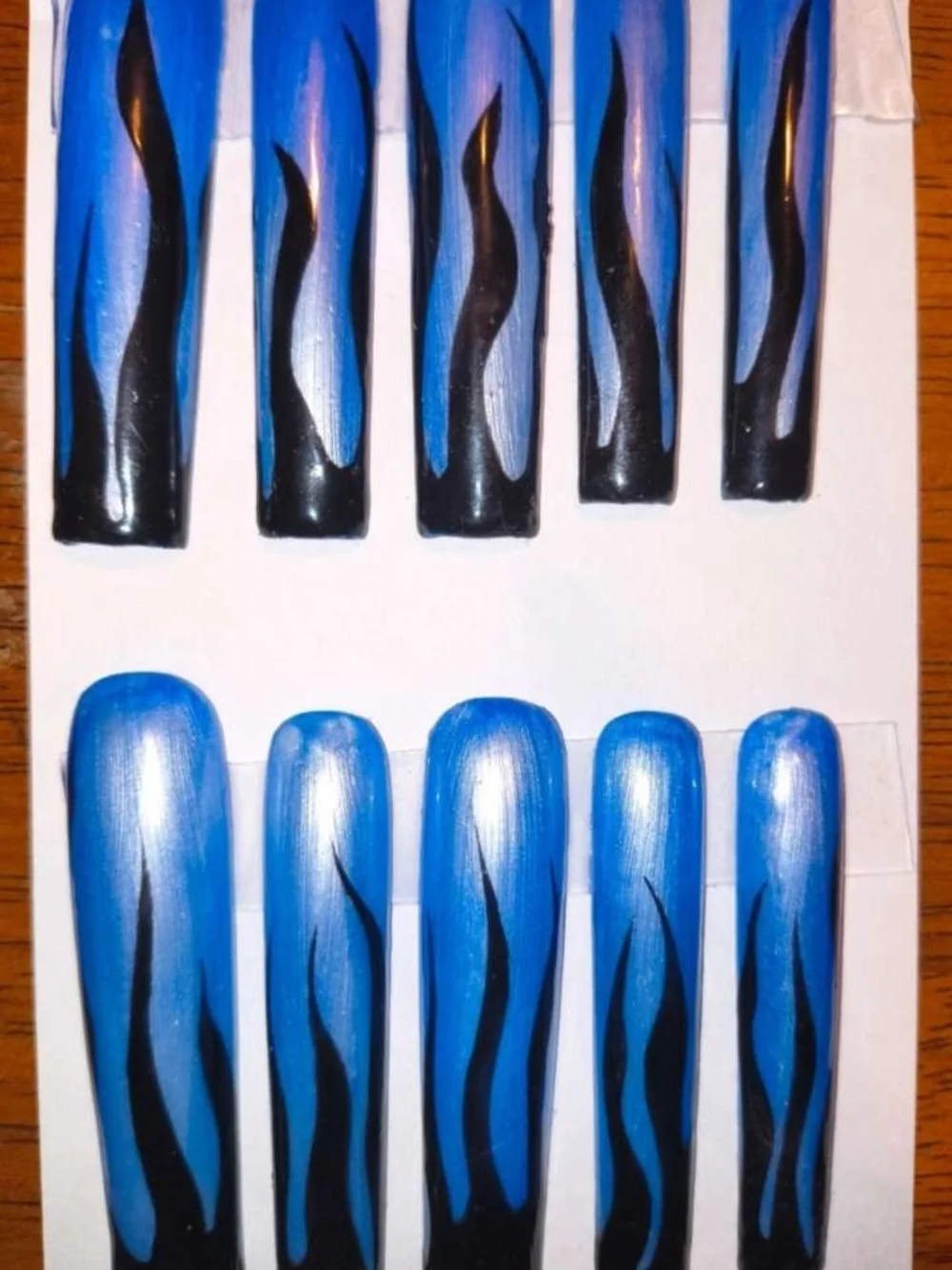 Blue Ombre Press-On Nails with Black Flame Design
